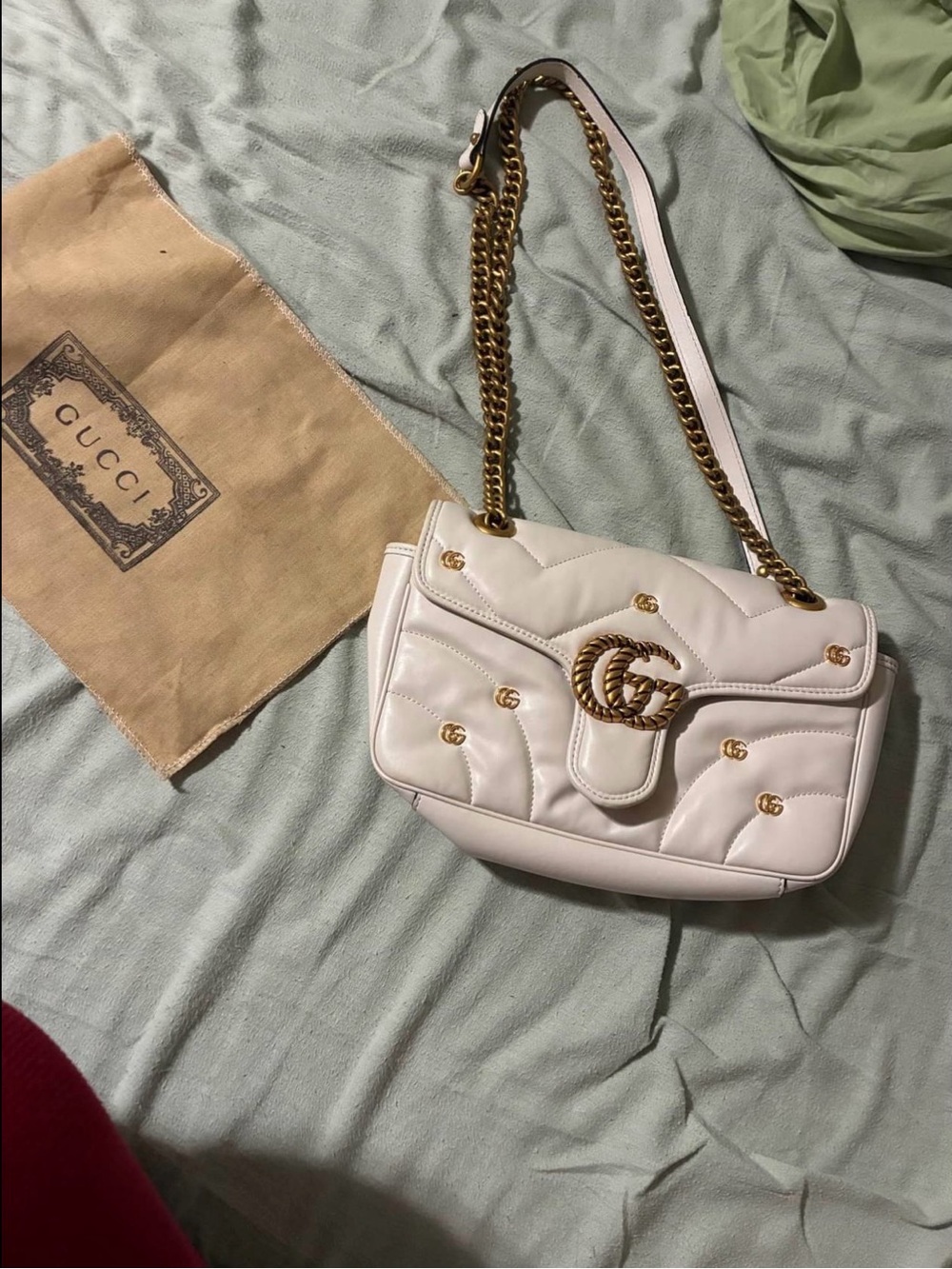 Gucci Cream Quilted GG Marmont Shoulder Bag with Gold Hardware